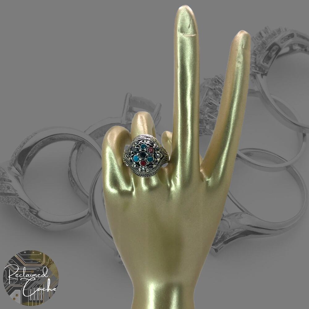 Silver and Multicolor Dome Rhinestone Statement Ring - Size 6.5